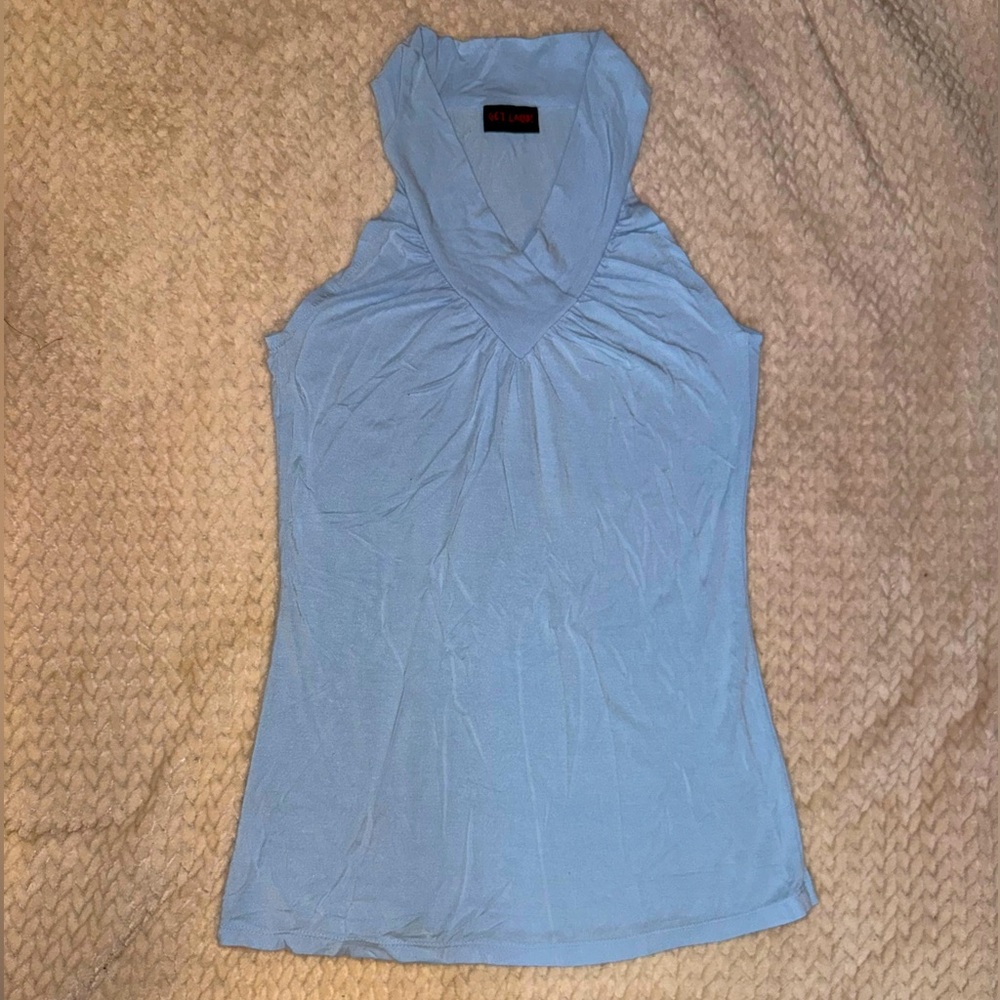 Blue Ruched Fitted Sleeveless Tank Top